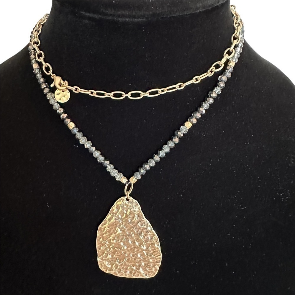 Beautiful Gold Tone Hammered Shimmer Pendant with Beaded Long Necklace